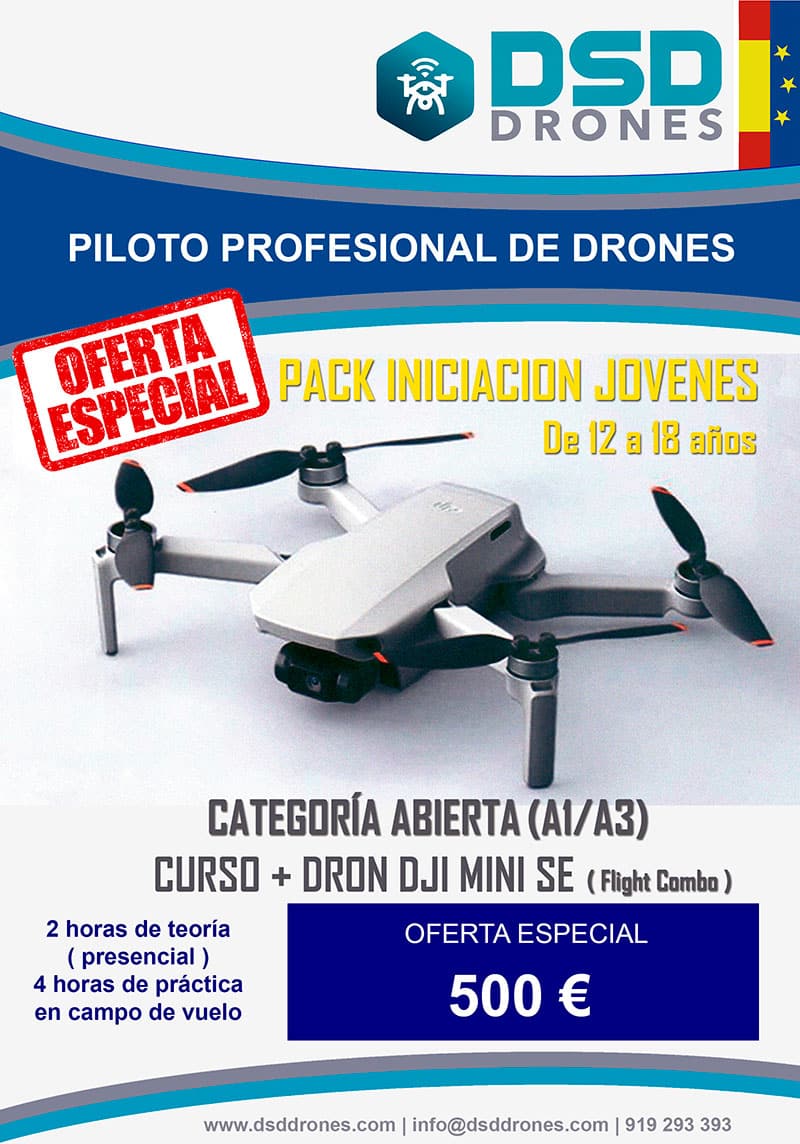 PACK INICIACIÓN JÓVENES – Curso A1/A3 + Entrenamiento Guiado + DRON DJI MINI SE